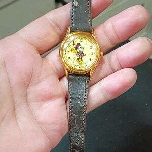Mickey Mouse Gold-Tone Watch with Briwn Strap